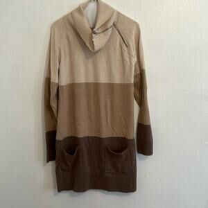 Jeanne Pierre Color Block Long Sleeve Cotton Zip Cowl Neck  Sweater w/ Pockets L